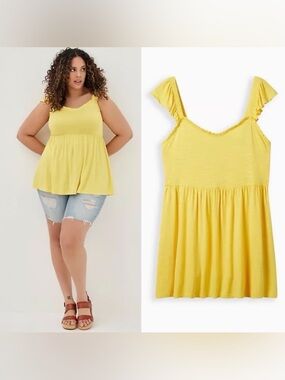 NWT Torrid Super Soft Flutter Sleeve Slub Peplum Tank, Size 2 (18/20), Yellow